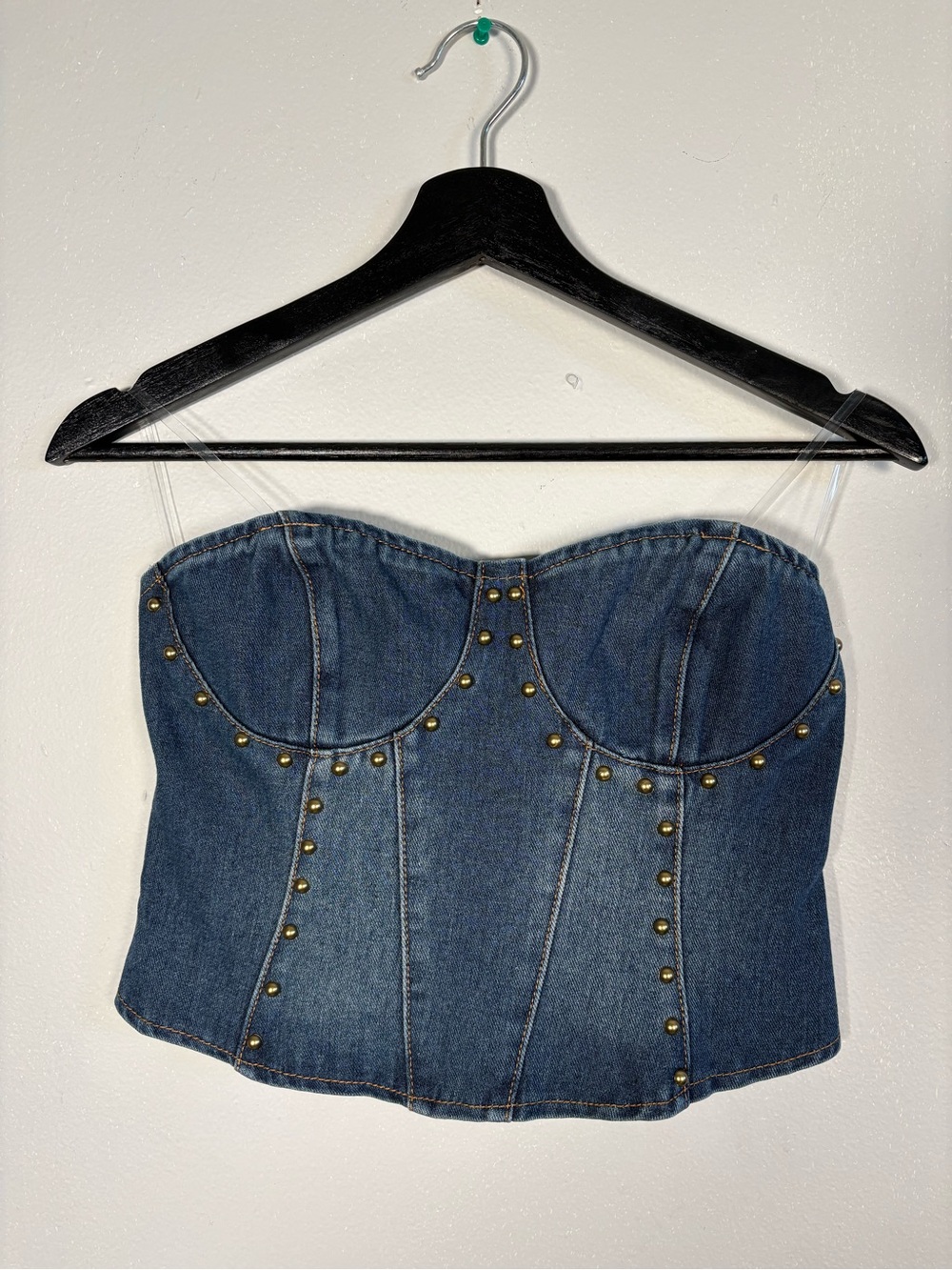 Windsor Blue Denim Studded Strapless Bustier Crop Top